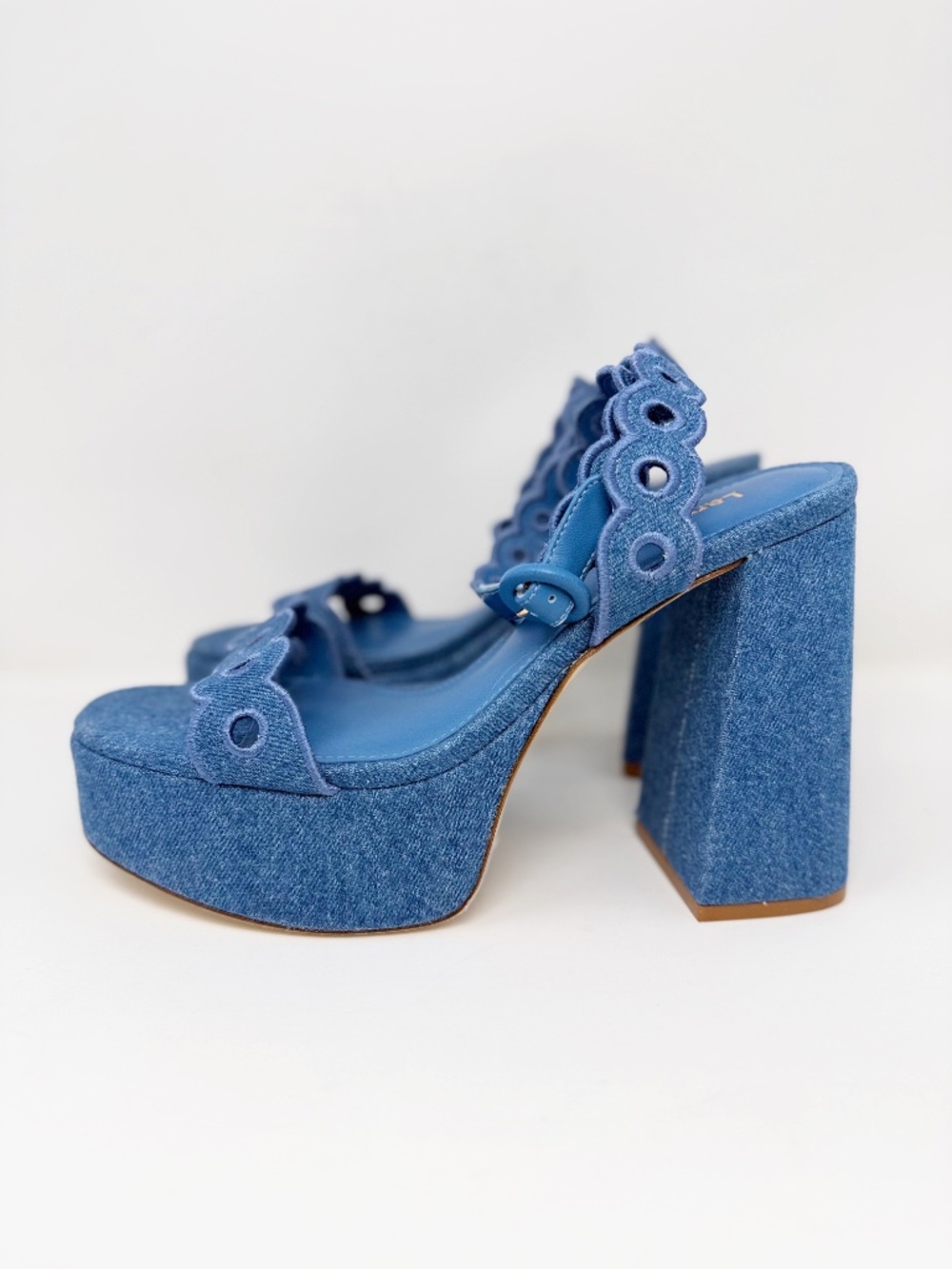 New Larroude Dolly Broderie Sandal In Blue Stoned Denim Sz 9.5 - Picture 6 of 12